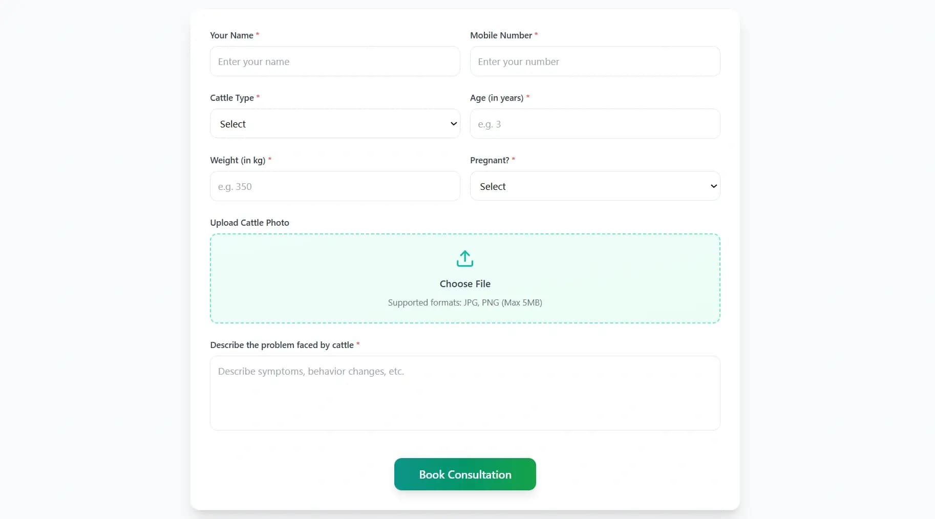 ಸಮಾಲೋಚನಾ ಫಾರ್ಮ್ ಭರ್ತಿ ಮಾಡಿ - ತಜ್ಞ ಸಲಹೆಗಾಗಿ ನಿಮ್ಮ ಜಾನುವಾರು ವಿವರಗಳನ್ನು ಹಂಚಿಕೊಳ್ಳಿ