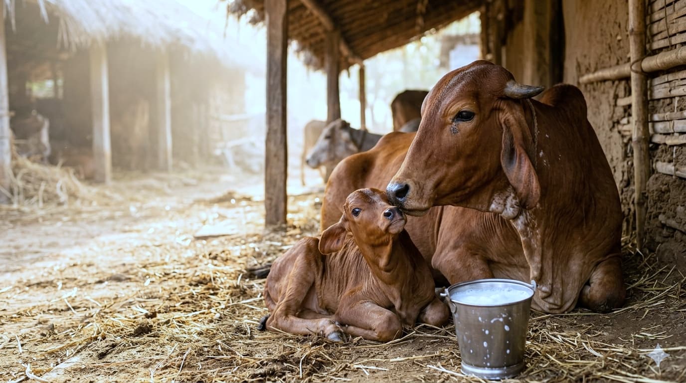 ಆರೋಗ್ಯಕರ ಜಾನುವಾರಿನೊಂದಿಗೆ ರೈತ